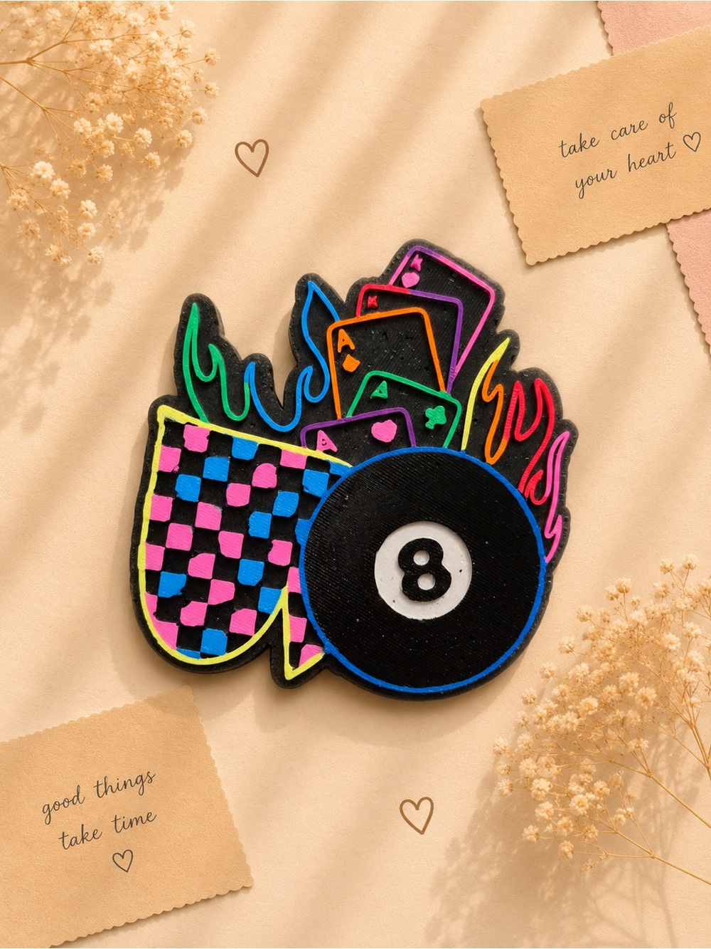 Car freshie Neon Retro 8-Ball - Multicolor Flames & Cards
